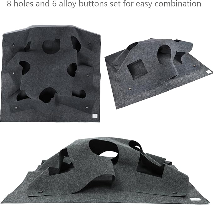 Dark grey felt cat tunnel rug with peek a boo holes setup