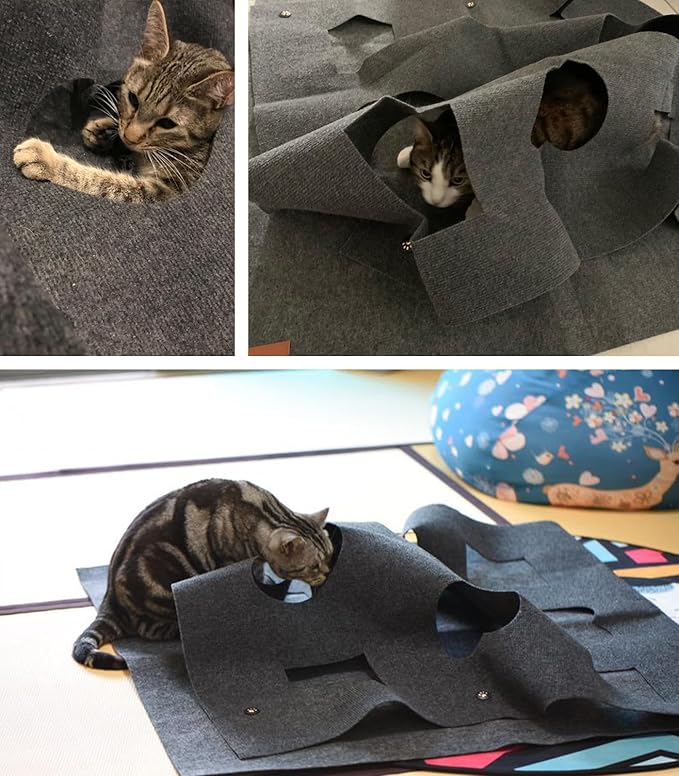 Interactive cat enrichment toy tunnel mat for hide and seek game