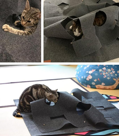 Interactive cat enrichment toy tunnel mat for hide and seek game