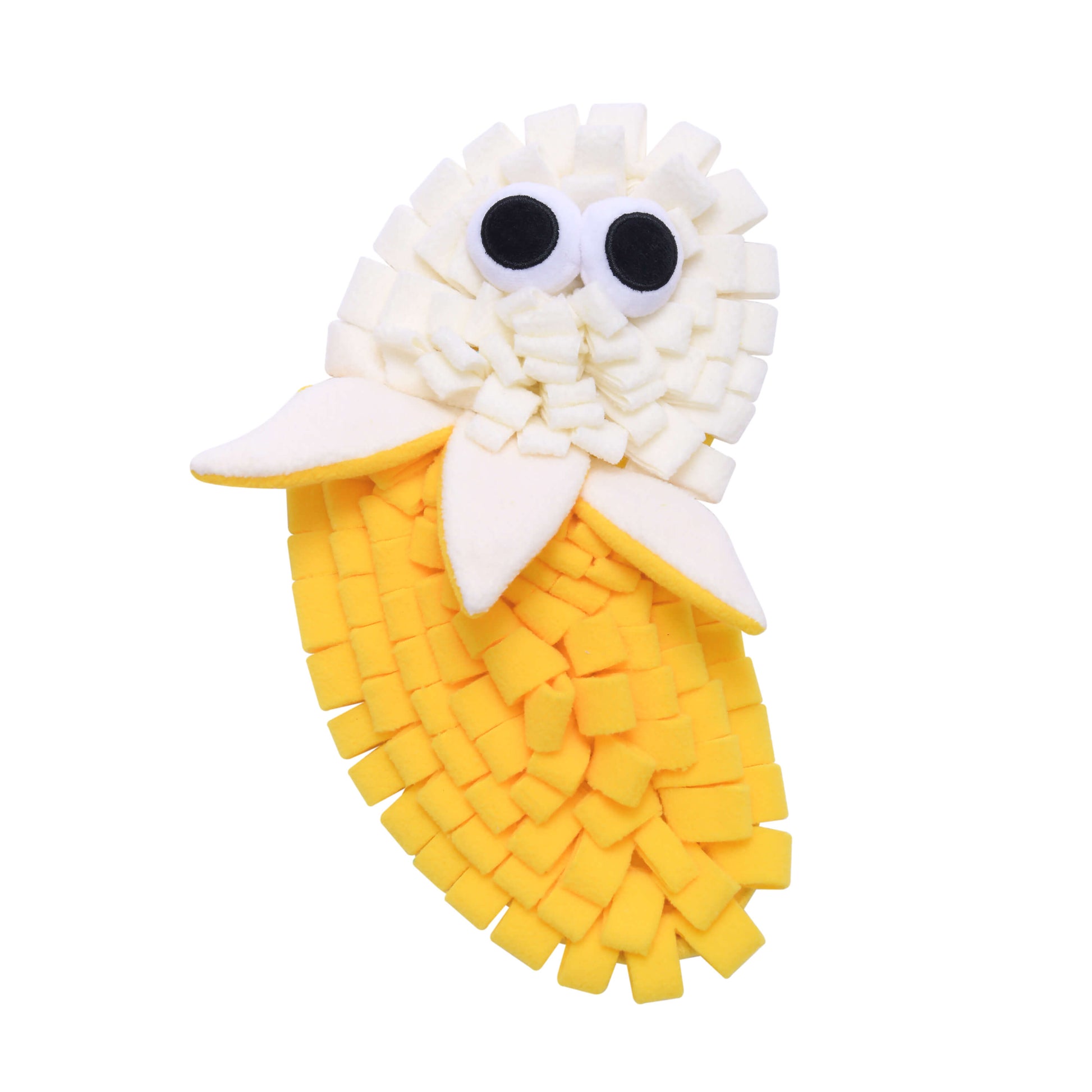 Yellow peeled banana dog snuffle toy for nosework and foraging