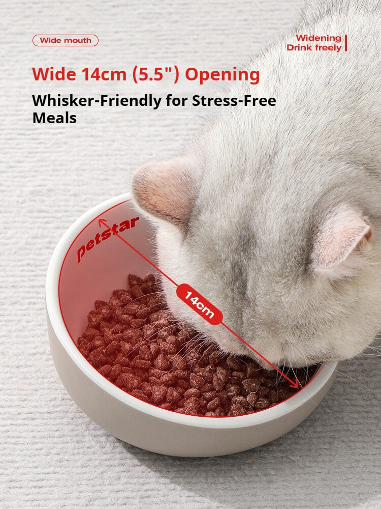Wide shallow cat bowl design for whisker fatigue relief