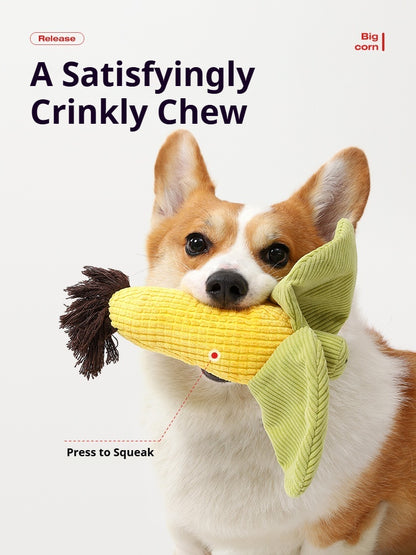 Squeaky corn dog toy made of durable corduroy fabric for chewing