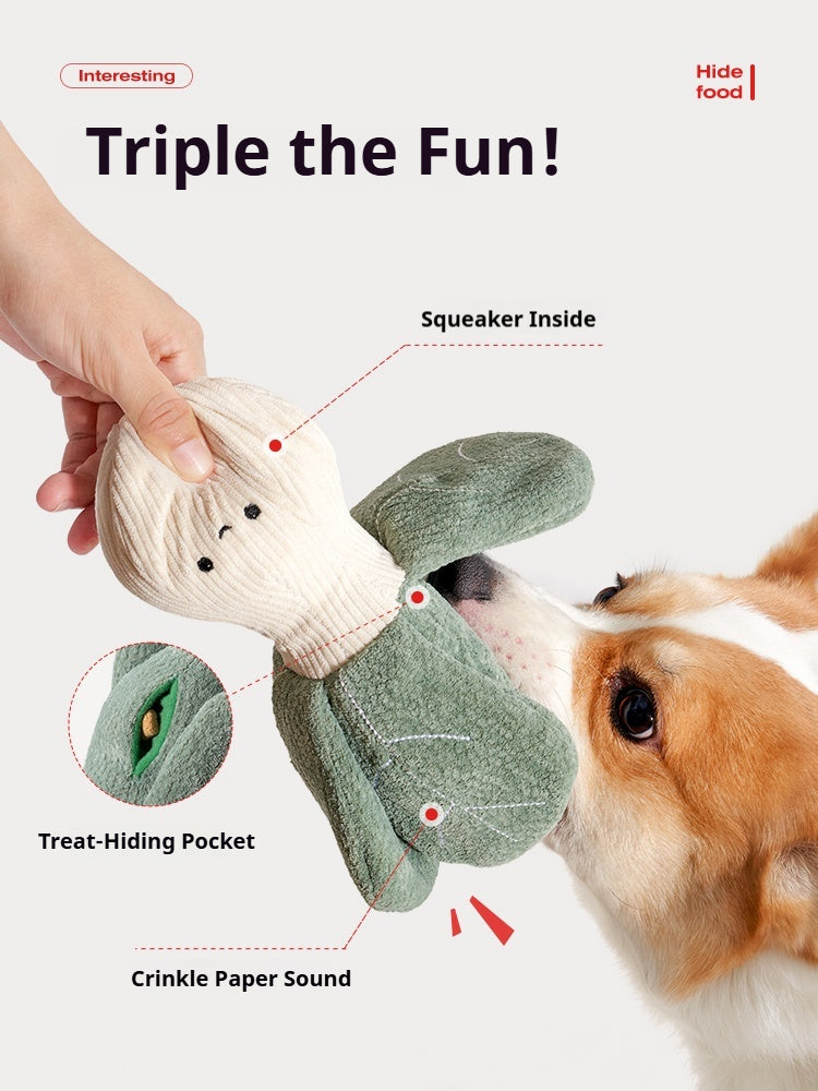 Bok choy snuffle dog toy with treat hiding pocket and squeaker