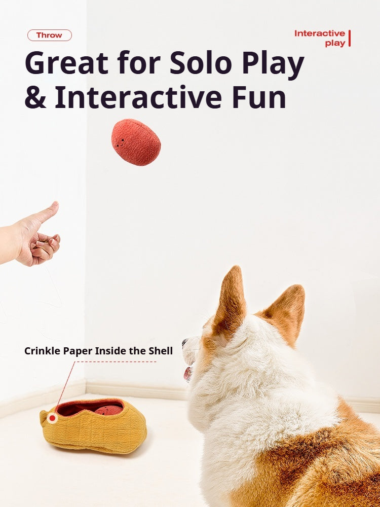 Plush peanut dog puzzle toy with removable parts for hide and seek