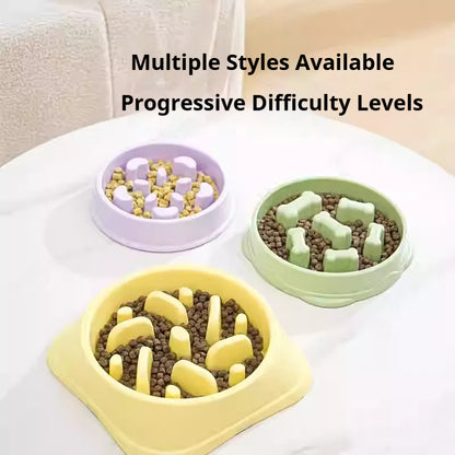 Three levels of slow feeder dog bowls purple green and yellow maze designs