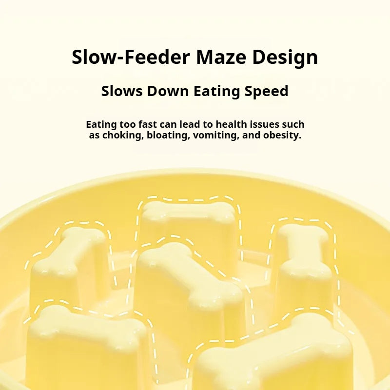 Yellow bone pattern slow feeder dog bowl close up detail